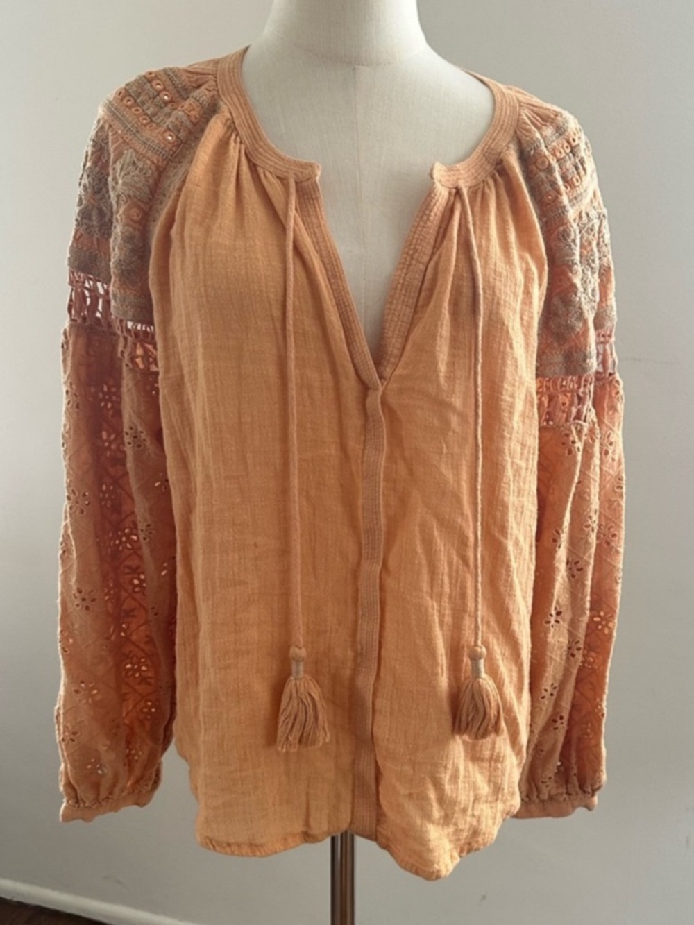 Nicole Miller - Peach/Terracotta Boho Blouse Crochet Sleeve Tassel Tie Top M